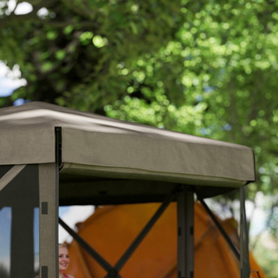 Outsunny 3 x 3(m) Hexagon Pop Up Gazebo with 5 Sides, Netting, Brown