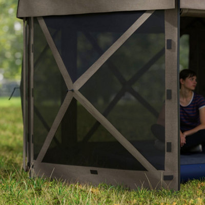 Outsunny 3 x 3(m) Hexagon Pop Up Gazebo with 5 Sides, Netting, Brown