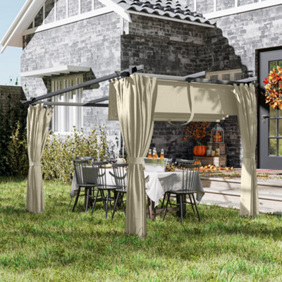 Outsunny 3 x 3(m) Metal Pergola with Retractable Roof and Sidewalls, Beige