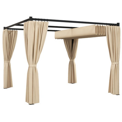 Outsunny 3 x 3(m) Pergola with Retractable Roof and Curtains, Beige