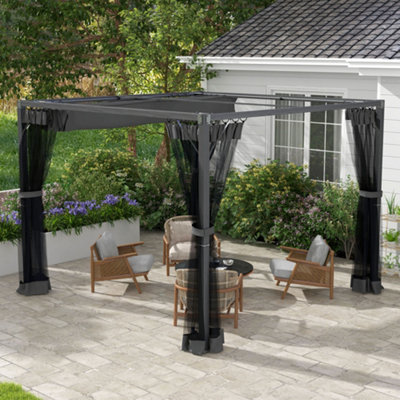 Outsunny 3 x 3(m) Pergola with Retractable Roof and Curtains, Light Grey
