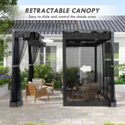 Outsunny 3 x 3 m Pergola with Retractable Roof and Netting, Dark Grey