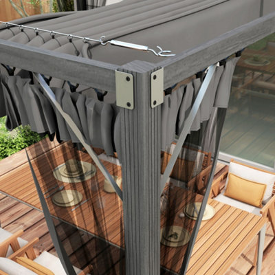 Outsunny 3 x 3(m) Pergola with Retractable Roof and Curtains, Light Grey main image 1