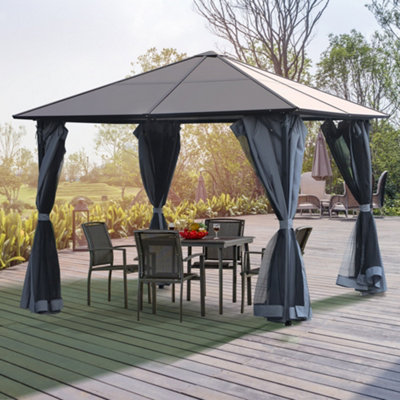 Outsunny 3 x 3(m) Polycarbonate Hardtop Gazebo with Aluminium Frame and Curtains