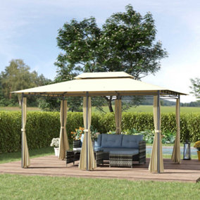 Outsunny 3 x 4m 2-Tier Steel Frame Gazebo with Curtains Outdoor Backyard Beige
