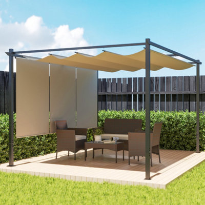 Outsunny 3 x 4m Metal Pergola with Retractable Roof and Roller Shade, Beige