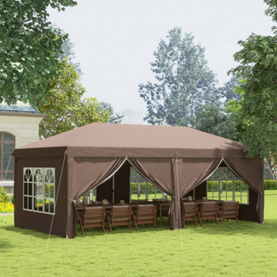 Outsunny 3 x 6 m Pop Up Gazebo w/ Sides, Windows, Height Adjustable Party  Tent w/ Storage Bag for Garden, Camping, Event, Brown