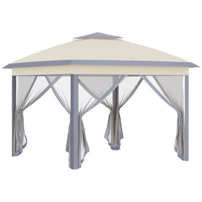 Outsunny 330cm x 330cm Pop Up Canopy, Double Roof Foldable Canopy Tent with Zippered Mesh Sidewalls, Height Adjustable, Beige