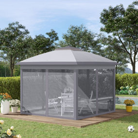 Outsunny 330cm x 330cm Pop Up Canopy, Double Roof Foldable Canopy Tent with Zippered Mesh Sidewalls, Height Adjustable, Grey