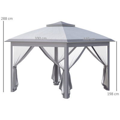 Outsunny 330cm x 330cm Pop Up Canopy, Double Roof Foldable Canopy Tent with Zippered Mesh Sidewalls, Height Adjustable, Grey