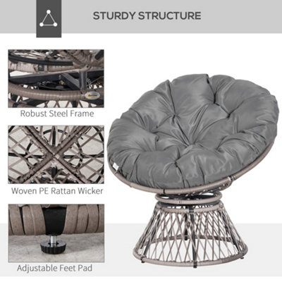 Outsunny 360 degrees Swivel Rattan Papasan Moon Bowl Chair Round Outdoor with Padded-Grey - 6