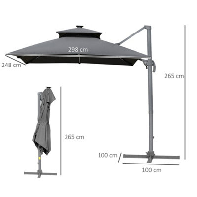 Outsunny 3m Cantilever Parasol LED Patio Umbrella for Lawn Beach Poolside Grey