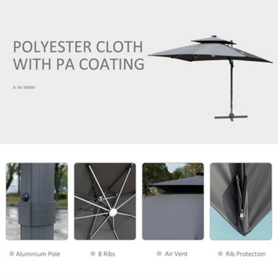 Outsunny 3m Cantilever Parasol LED Patio Umbrella for Lawn Beach Poolside Grey