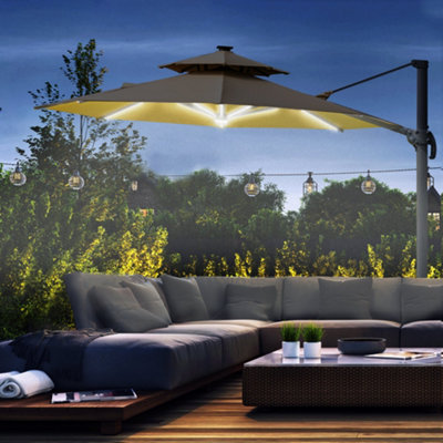 Outsunny 3m Cantilever Parasol Solar Lights Power Bank Base 360 degree Spin Beige
