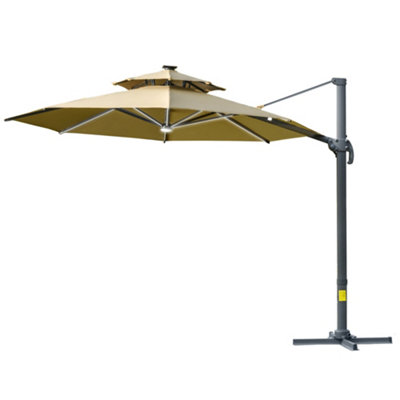 Outsunny 3m Cantilever Parasol Solar Lights Power Bank Base 360 degree Spin Beige