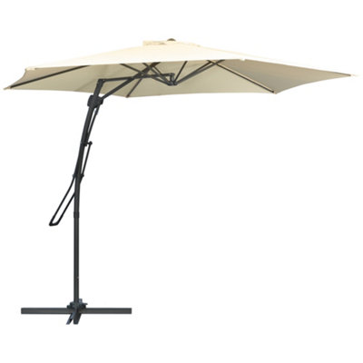 Outsunny 3m Cantilever Parasol with Easy Lever, Patio Umbrella with Crank Handle, Cross Base and 6 Metal Ribs, Sun Shades, White