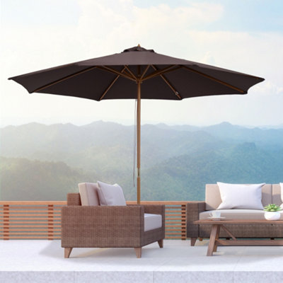 Outsunny 3m Fir Wooden Garden Parasol Sun Shade Outdoor Umbrella Canopy Coffee