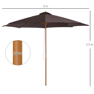 Outsunny 3m Fir Wooden Garden Parasol Sun Shade Outdoor Umbrella Canopy Coffee - 3