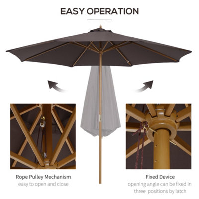 Outsunny 3m Fir Wooden Garden Parasol Sun Shade Outdoor Umbrella Canopy Coffee - 4
