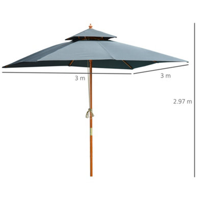 Outsunny 3m Wood Square Patio Umbrella Garden Market Parasol Sunshade Grey - 3