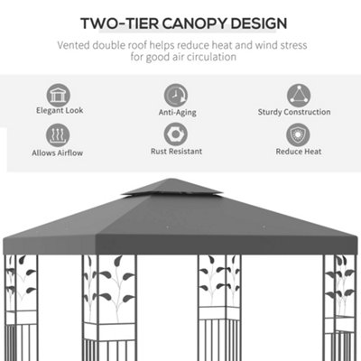 Outsunny 3m x 3m Outdoor Decorative Garden Gazebo Canopy Steel Frame - Grey - 5