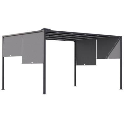 Outsunny 3m x 4m Metal Pergola with Retractable Roof, Outdoor Garden Pergola with LED Lights, Solar Powered, Dark Grey