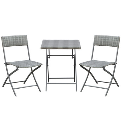 Outsunny 3PC Bistro Set Rattan Furniture Garden Folding Chair Table Grey