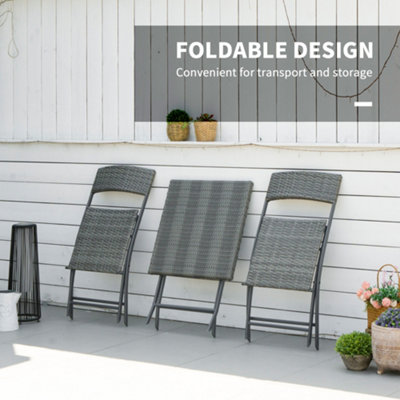 Outsunny 3PC Bistro Set Rattan Furniture Garden Folding Chair Table Grey - 5