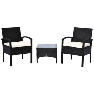 Outsunny 3PC Garden Rattan Bistro Set Balcony Dining Table 2 Seater Chair Black