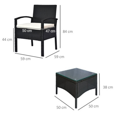 Outsunny 3PC Garden Rattan Bistro Set Balcony Dining Table 2 Seater Chair Black - 3