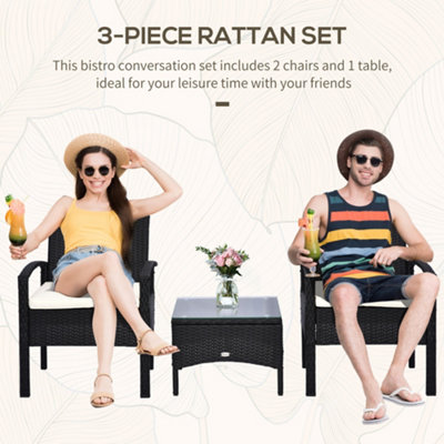 Outsunny 3PC Garden Rattan Bistro Set Balcony Dining Table 2 Seater Chair Black - 4