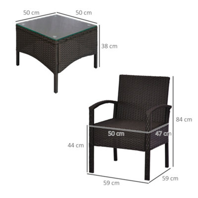 Outsunny 3PC Garden Rattan Bistro Set Balcony Dining Table 2 Seater Chair Brown - 3