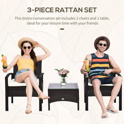 Outsunny 3PC Garden Rattan Bistro Set Balcony Dining Table 2 Seater Chair Brown - 4