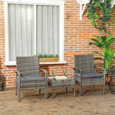 Outsunny 3PC Garden Rattan Bistro Set Balcony Dining Table Chair Mixed Grey