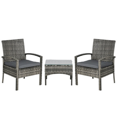Outsunny 3PC Garden Rattan Bistro Set Balcony Dining Table Chair Mixed Grey