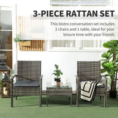 Outsunny 3PC Garden Rattan Bistro Set Balcony Dining Table Chair Mixed Grey - 4