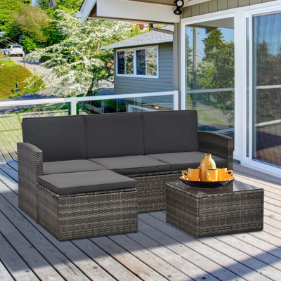 Outsunny 3pc PE Rattan Wicker Set Storage 3-seater Sofa Footstool Table  Padded