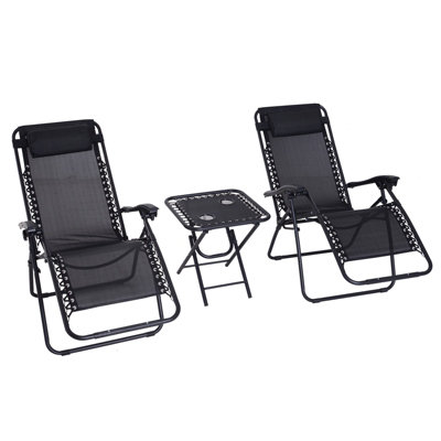 Outsunny 3PC Zero Gravity Chairs Sun Lounger Table Set w/ Cup Holders, Black