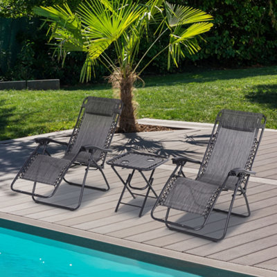 Outsunny 3PC Zero Gravity Chairs Sun Lounger Table Set W/ Cup Holders Light  Grey