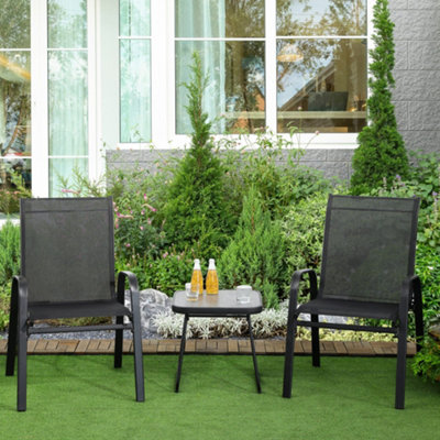 Outsunny 3PCs Bistro Set with Breathable Mesh Fabric Stackable Chairs Black