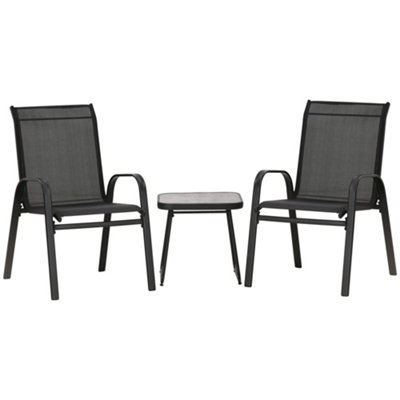 Outsunny 3PCs Bistro Set with Breathable Mesh Fabric Stackable Chairs Black
