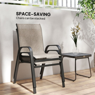 Outsunny 3PCs Bistro Set with Breathable Mesh Fabric Stackable Chairs Brown