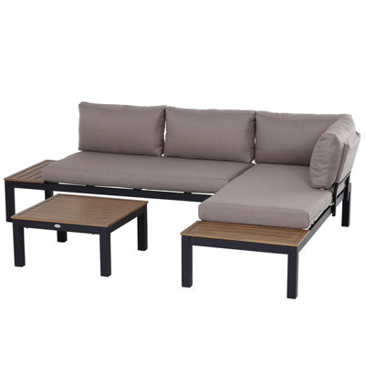 Outsunny 3pcs Garden Sectional Sofa Side Table Furniture Set Aluminum with Cushion