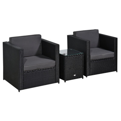 Outsunny 3Pcs Patio 2 Seater Rattan Sofa Garden Furniture Set Coffee with Cushions Black