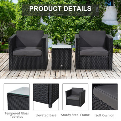 Outsunny 3Pcs Patio 2 Seater Rattan Sofa Garden Furniture Set Coffee with Cushions Black - 6