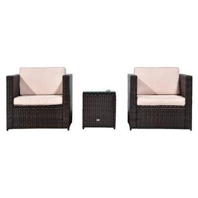 Outsunny 3Pcs Patio 2 Seater Rattan Sofa Garden Furniture Set Coffee with Cushions Brown