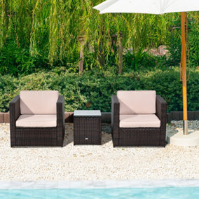 Outsunny 3Pcs Patio 2 Seater Rattan Sofa Garden Furniture Set Coffee with Cushions Brown