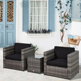 Outsunny 3Pcs Patio 2 Seater Rattan Sofa Garden Furniture Set Coffee with Cushions Grey