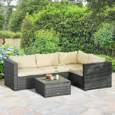 Outsunny 3Pcs Rattan Corner Sofa Set Coffee Table Garden Furniture  w/ Cushion