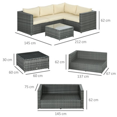 Outsunny 3Pcs Rattan Corner Sofa Set Coffee Table Garden Furniture  w/ Cushion - 3